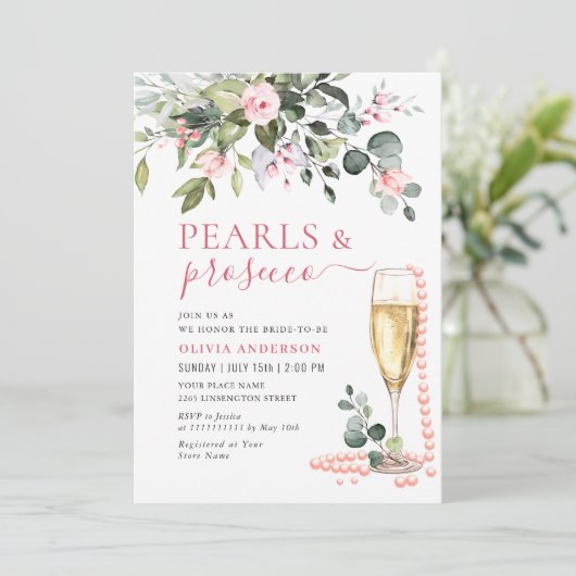Elegante Eucalyptus Roze Bloemen PARELS & Prosecco Kaart (Staand voorkant)