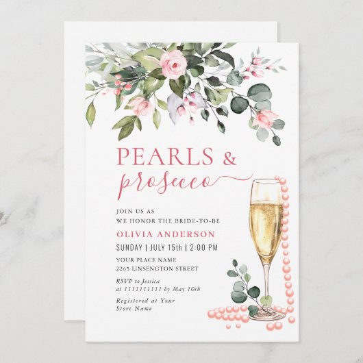 Elegante Eucalyptus Roze Bloemen PARELS & Prosecco Kaart (Voorkant / Achterkant)