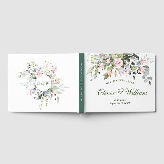 Elegante Eucalyptus Roze Blush Rozen Bloemen Bruil Gastenboek (Volledig)