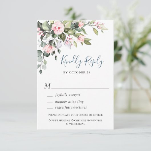 Elegante Eucalyptus Roze Blush Rozen Bruiloft RSVP Kaartje (Staand voorkant)