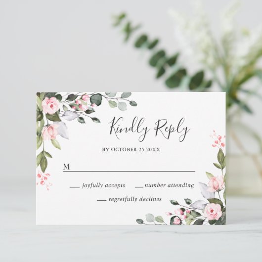 Elegante Eucalyptus Roze Blush Rozen Bruiloft RSVP Kaartje (Staand voorkant)