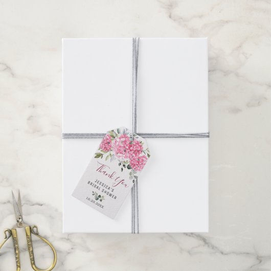 Elegante Eucalyptus Roze Hortensia Favor Bedankt Cadeaulabel (Met Touw)