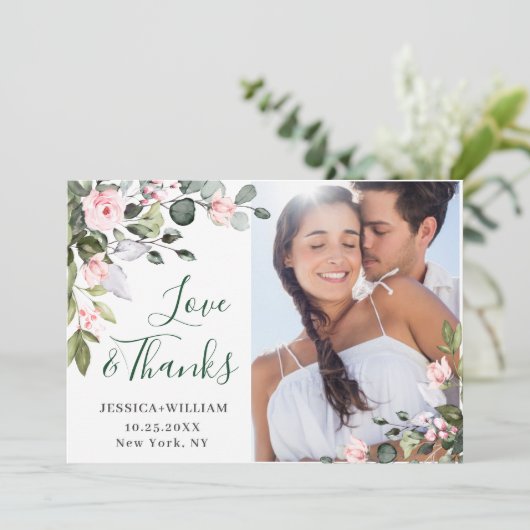 Elegante Eucalyptus Roze Rozen 4 FOTO Bedankkaart (Staand voorkant)