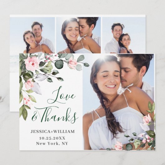 Elegante Eucalyptus Roze Rozen 4 FOTO Bedankkaart (Voorkant / Achterkant)