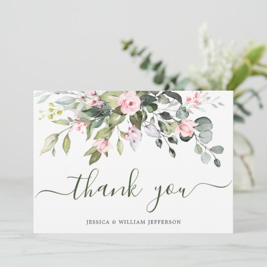 Elegante Eucalyptus Roze Rozen Bloemen Boeket Bedankkaart (Staand voorkant)