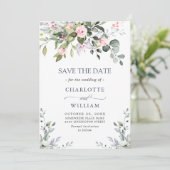 Elegante Eucalyptus Roze Rozen Bloemen Bruiloft Save The Date (Staand voorkant)