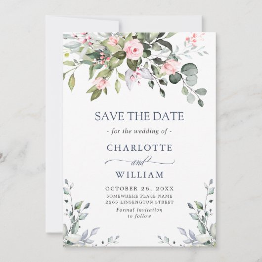 Elegante Eucalyptus Roze Rozen Bloemen Bruiloft Save The Date (Voorkant)