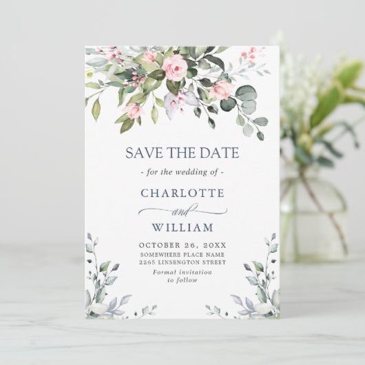 Elegante Eucalyptus Roze Rozen Bloemen Bruiloft Save The Date (Staand voorkant)