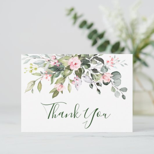Elegante Eucalyptus Roze Rozen Bloemige Trouw Bedankkaart (Staand voorkant)