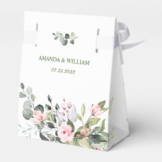 Elegante Eucalyptus Roze Rozen Bloemige Trouwdag Bedankdoosjes (Achterkant)