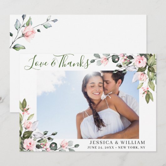 Elegante Eucalyptus Roze Rozen FOTO Bedankkaart (Voorkant / Achterkant)