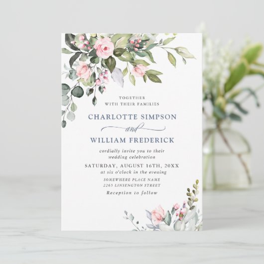 Elegante Eucalyptus Roze Rozen Groene Huwelijksdec Kaart (Staand voorkant)