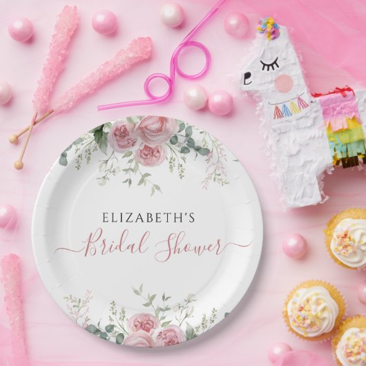 Elegante Eucalyptus & Roze Rozen Uitnodigen Papieren Bordje (Feest)