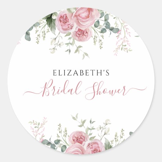 Elegante Eucalyptus & Roze Rozen Uitnodigen Ronde Sticker (Voorkant)