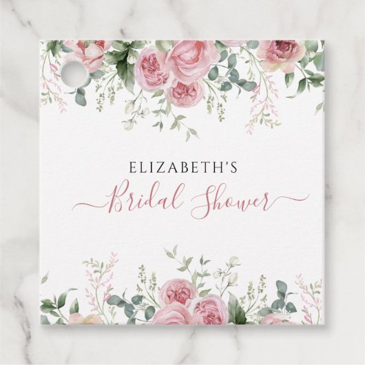 Elegante Eucalyptus & Roze Rozen Uitnodiging Bedankjes Labels (Voorkant)