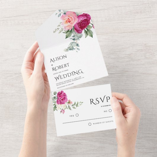 Elegante eucalyptus, roze rozenbloemen bruiloft all in one uitnodiging (Afscheurbaar)