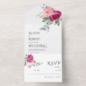 Elegante eucalyptus, roze rozenbloemen bruiloft all in one uitnodiging (Binnen)