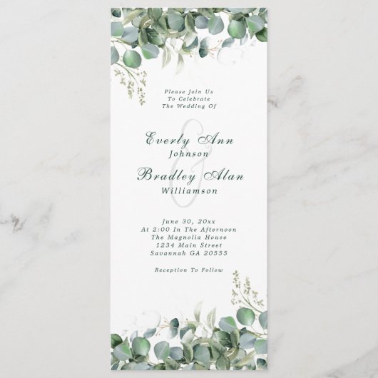 Elegante Eucalyptus Salie Groene Botanische Huweli Programmakaart (Voorkant)