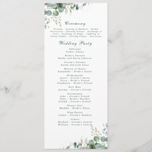 Elegante Eucalyptus Salie Groene Botanische Huweli Programmakaart (Achterkant)