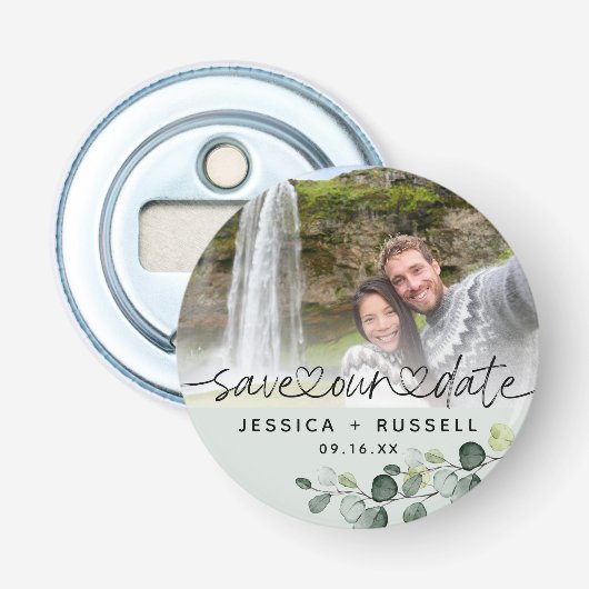 Elegante Eucalyptus Save Our Date Foto Bruiloft  Button Flesopener (Voorkant)