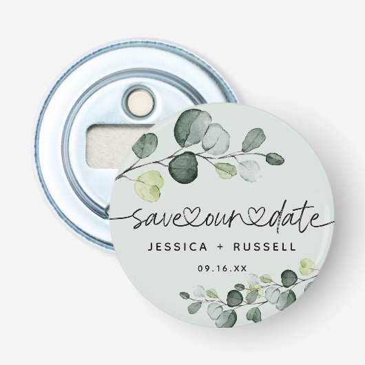 Elegante Eucalyptus Save Our Date Trouwdag Button Flesopener (Voorkant)