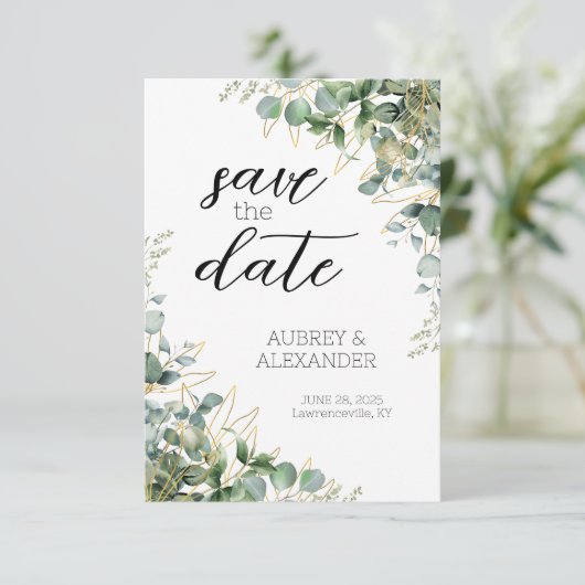Elegante Eucalyptus Save the Date Kaarten (Staand voorkant)