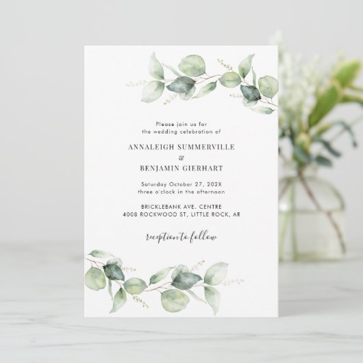 Elegante eucalyptus script bruiloft kaart (Staand voorkant)