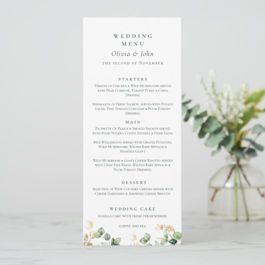 Elegante eucalyptus script bruiloft menu (Staand voorkant)