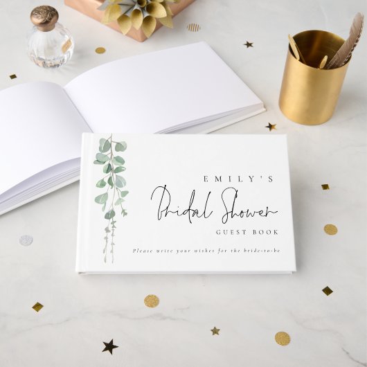 Elegante Eucalyptus Script Bruiloftsfeest Gastenboek (Voorkant open)