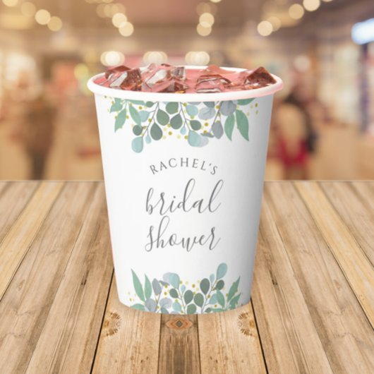 Elegante Eucalyptus Stof Blauwe Bruidsborrel Papieren Bekers