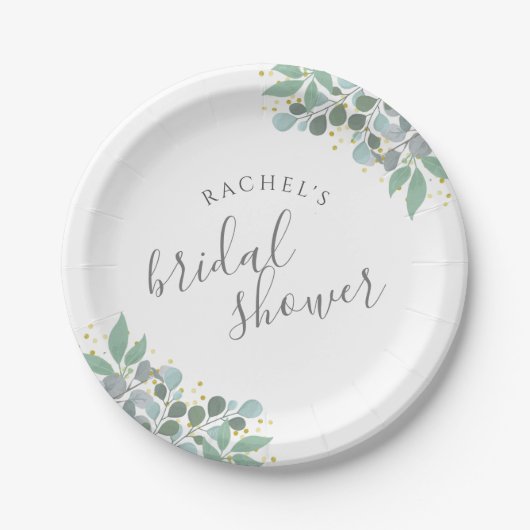 Elegante Eucalyptus Stof Blauwe Bruidsborrel Papieren Bordje (Voorkant)