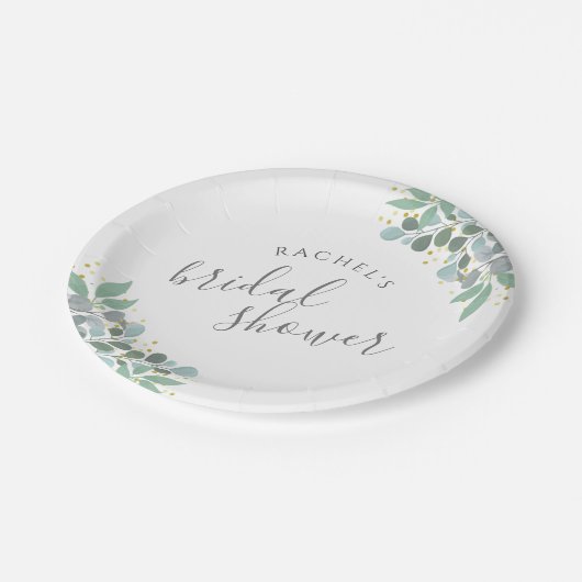 Elegante Eucalyptus Stof Blauwe Bruidsborrel Papieren Bordje (Gekanteld)