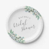 Elegante Eucalyptus Stof Blauwe Bruiloft Brunch Papieren Bordje (Voorkant)