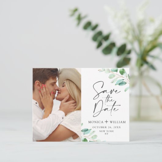 Elegante eucalyptus trouwfoto bewaar de datum briefkaart (Staand voorkant)