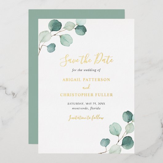 Elegante Eucalyptus Trouwkaart Save The Date Folie Uitnodiging (Voorkant / Achterkant)