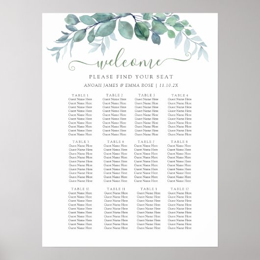 Elegante Eucalyptus Trouwzaalstoelindeling Poster (Voorkant)
