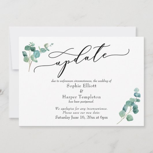 Elegante Eucalyptus Uitgestelde Trouwdag Updatekaa Kaart (Voorkant)