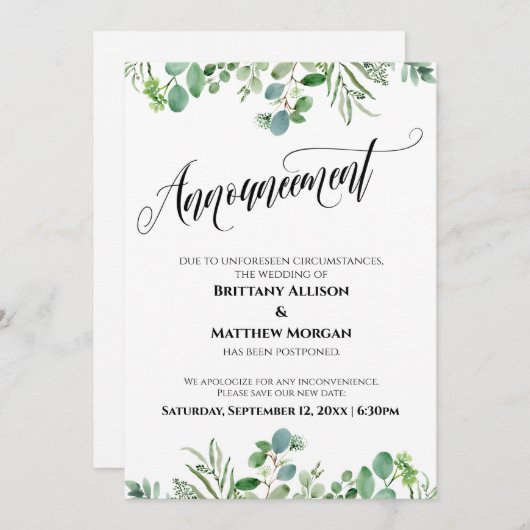 Elegante Eucalyptus Uitgestelde Trouwdatum Aankond Kaart (Voorkant / Achterkant)