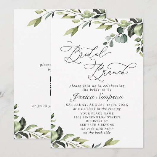 Elegante Eucalyptus Watercolor Bruidsbrunch Kaart (Voorkant / Achterkant)