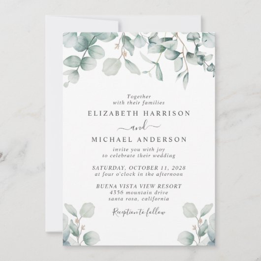 Elegante Eucalyptus Watercolor Bruiloft Kaart (Voorkant)