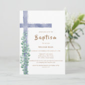 Elegante Eucalyptus Waterverf Cross Boy Doop Kaart (Staand voorkant)