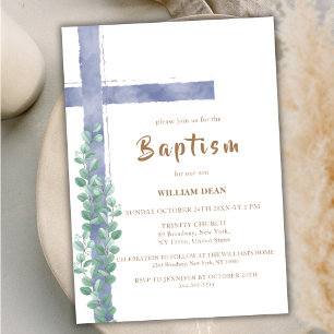 Elegante Eucalyptus Waterverf Cross Boy Doop Kaart