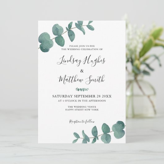 Elegante Eucalyptus Waterverf verlaat bruiloft Kaart (Staand voorkant)