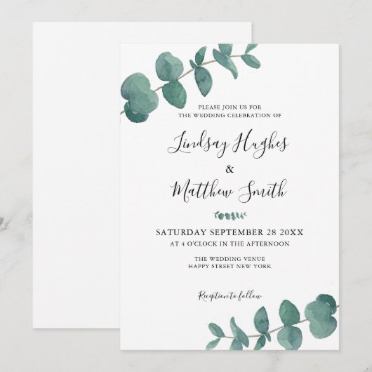Elegante Eucalyptus Waterverf verlaat bruiloft Kaart (Voorkant / Achterkant)