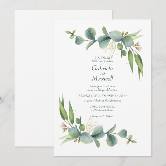 Elegante Eucalyptus Wit en groen Bruiloft Kaart (Voorkant / Achterkant)