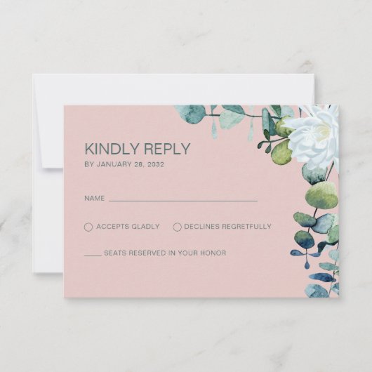 Elegante eucalyptus witte bloemen chique bruiloft RSVP kaartje (Voorkant)