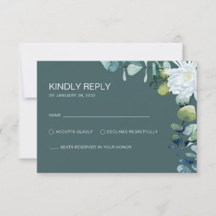 Elegante eucalyptus witte bloemen chique bruiloft RSVP kaartje