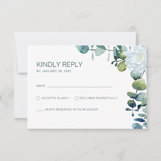 Elegante eucalyptus witte bloemen chique bruiloft RSVP kaartje (Voorkant)