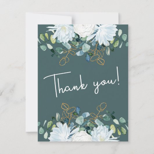 Elegante eucalyptus witte bloemen foto bruiloft bedankkaart (Voorkant)