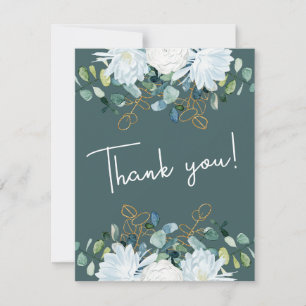 Elegante eucalyptus witte bloemen foto bruiloft bedankkaart